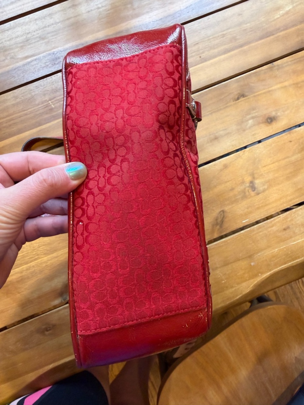 Coach Red Signature Canvas Tote with Patent Leather Trim - Picture 6 of 10